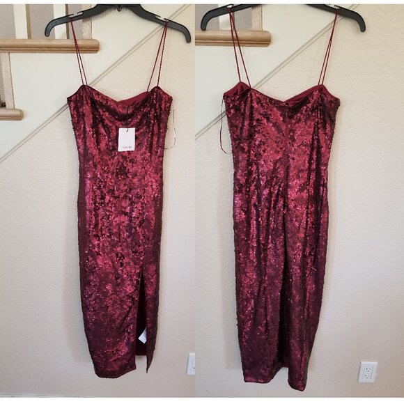 Wine Red Sequin Spaghetti Strap Midi Cocktail Party Dress 4 - Picture 2 of 4